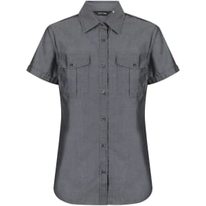 A ladies short sleeve button-up shirt in dark grey with two chest pockets and a collar, featuring a logo.