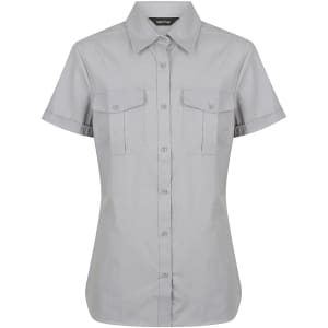 A ladies' short sleeve button-up shirt in light grey, featuring two buttoned chest pockets and a collar.
