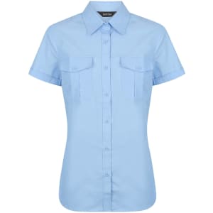 A light blue ladies' short sleeve button-up shirt with two chest pockets and a collar.