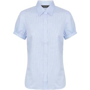A short sleeve button-up shirt in light blue with a check pattern and a logo on the collar.