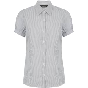 A button-up shirt in light grey with vertical stripes and short sleeves, featuring a collar and branding.