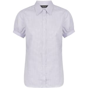 A ladies' short sleeve button-up shirt in a light purple check pattern, featuring a classic collar and gathered sleeves.