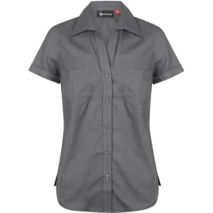 A grey short sleeve button-up shirt with two front pockets and a branded logo.