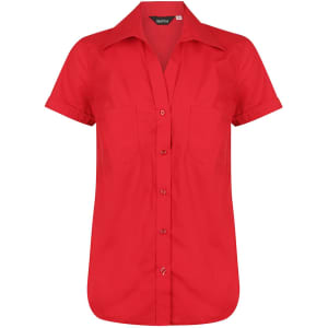A red ladies short sleeve button-up shirt featuring a classic collar and two front pockets. It has a logo.