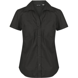 A short sleeve button-up shirt in black with a fitted design and two front pockets. It features a collar and button closure.