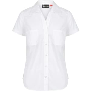 A white ladies' short sleeve button-up shirt featuring two chest pockets and a branded label.