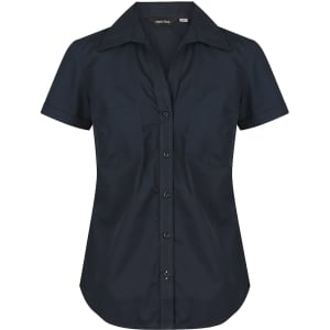 A button-up shirt in navy blue with short sleeves and two front pockets, featuring a subtle logo.