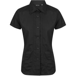 Black short sleeve button-up shirt featuring a fitted design and a collar, with a logo on the label.