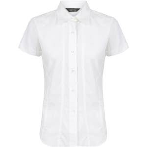 A white ladies short sleeve button-up shirt with a collar and front button closure, featuring a logo.