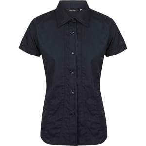 Ladies short sleeve button-up shirt in dark navy, featuring a fitted design and a logo on the collar.