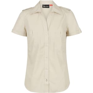 A beige ladies short sleeve button-up shirt with a collar and two chest pockets, featuring a logo on the label.
