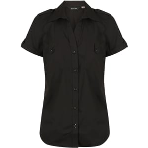 A black ladies' short sleeve button-up shirt featuring shoulder epaulets and two front pockets.