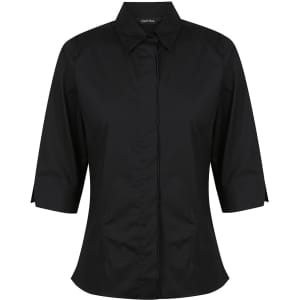 A black ladies' 3/4 sleeve button-up shirt with a fitted design and collar, featuring a logo.