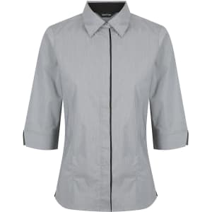 A grey ladies' 3/4 sleeve button-up shirt featuring a simple design and a logo.