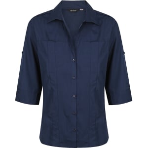 A navy blue ladies 3/4 sleeve button-up shirt featuring a collar and a logo.