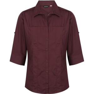 A maroon ladies' 3/4 sleeve button-up shirt with front pockets and a logo on the collar.