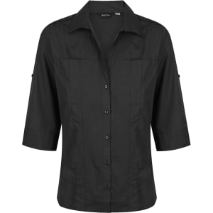 A black ladies' 3/4 sleeve button-up shirt with a collar and decorative sleeve tabs. It features a logo.