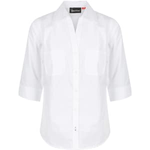 A white ladies' 3/4 sleeve button-up shirt with two chest pockets and a collar. It features a logo on the tag.