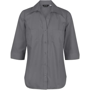 A grey ladies' 3/4 sleeve button-up shirt with a collared neck and two front pockets. Branding is present.