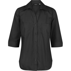 A black ladies' 3/4 sleeve button-up shirt with two chest pockets and a collar. It has a subtle branding detail.