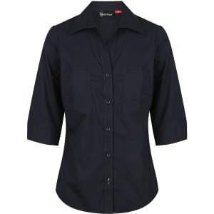 A ladies' 3/4 sleeve button-up shirt in black with two front pockets and a logo.
