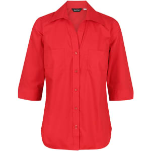 A red ladies' 3/4 sleeve button-up shirt with two front pockets and a collar, featuring a logo.