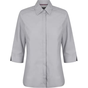 A grey ladies' button-up shirt with 3/4 sleeves and a collar, featuring a brand logo.