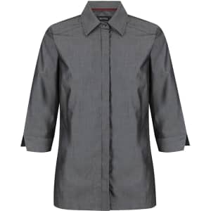 A grey ladies' 3/4 sleeve button-up shirt featuring a collar and a logo.