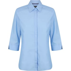 A light blue ladies' 3/4 sleeve button-up shirt with a collar and logo detail.