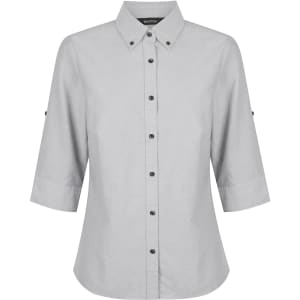 A light grey ladies' button-up shirt with 3/4 sleeves and a small logo on the chest.