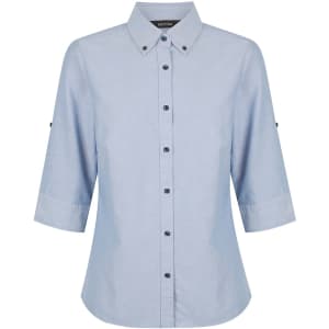 A light blue ladies' button-up shirt with 3/4 sleeves and a collar, featuring a logo on the label.