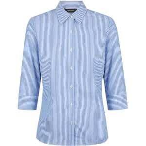 A blue and white striped 3/4 sleeve button-up shirt with a collar, featuring a branded label.