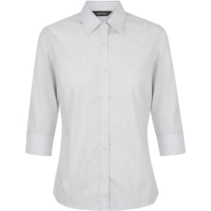 A grey and white striped ladies' 3/4 sleeve button-up shirt, featuring a collar and a logo.