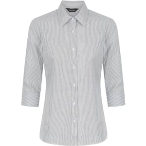 A ladies' 3/4 sleeve button-up shirt in a striped pattern featuring a classic collar and a fitted design.