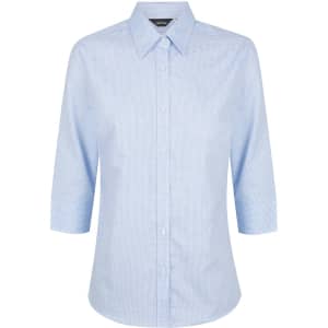 A light blue, button-up shirt with 3/4 sleeves and a collar, featuring a subtle check pattern and a logo.