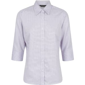 A ladies' 3/4 sleeve button-up shirt in a light purple check pattern, featuring a collar and branding.