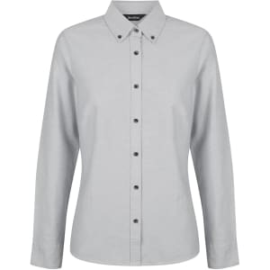 A grey ladies long sleeve button-up shirt featuring a collar and black buttons, with a logo on the label.