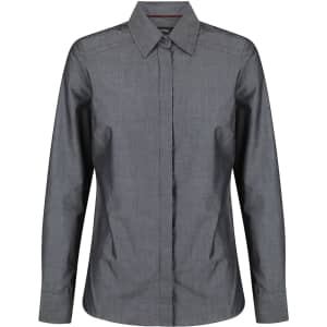 A button-up ladies' long sleeve shirt in a dark grey colour, featuring a classic collar and a logo.