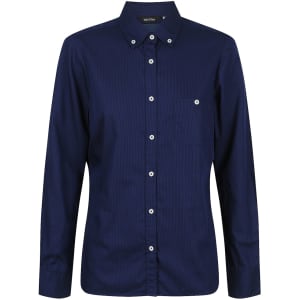 A ladies long sleeve button-up shirt in navy with a pocket and a collar, featuring a logo.