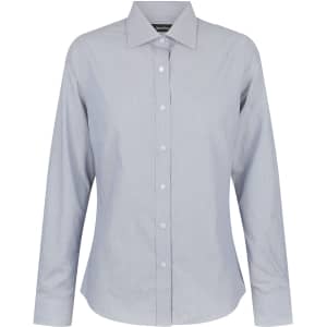 A button-up ladies long sleeve shirt in light blue with a collar and branded label.