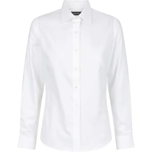 A white long sleeve button-up shirt for women featuring a classic collar and a logo on the label.