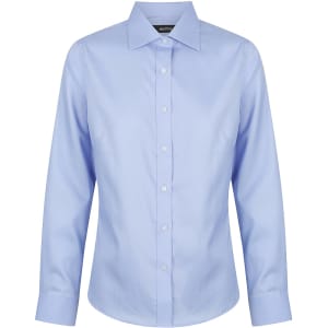 A light blue ladies' long sleeve button-up shirt with a collar and a logo.