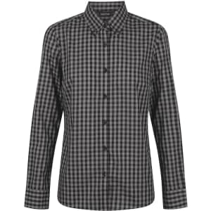 A black and grey checkered button-up long sleeve shirt with a collar and a central button placket.