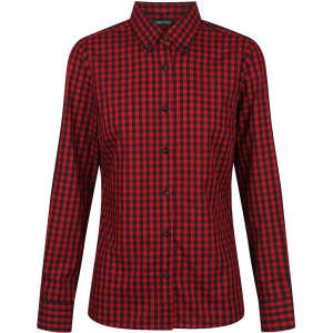 A long sleeve button-up shirt in red and black checkered pattern with a collar and branding.