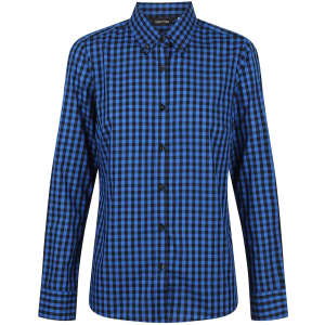 A blue and black checkered long sleeve button-up shirt with a collar and a logo.