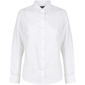 A white long sleeve button-up shirt with a collar and cuffed sleeves, featuring a logo on the chest.