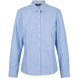 A ladies' long sleeve button-up shirt in blue and white stripes, featuring a classic collar and button closure.
