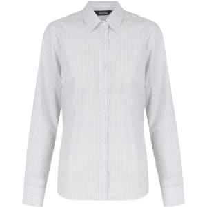 A ladies long sleeve button-up shirt in light grey with a subtle striped pattern and a collar.