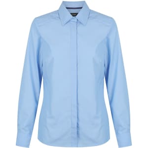 A light blue long sleeve button-up shirt for ladies, featuring a classic collar and a simple design.
