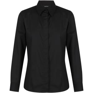 A black ladies long sleeve button-up shirt with a collar and front placket, featuring a logo on the label.